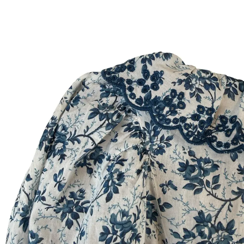 Doen Lazuli Floral Organic Cotton Puff Sleeve Ruffle Top Boho Chic White Blue XS